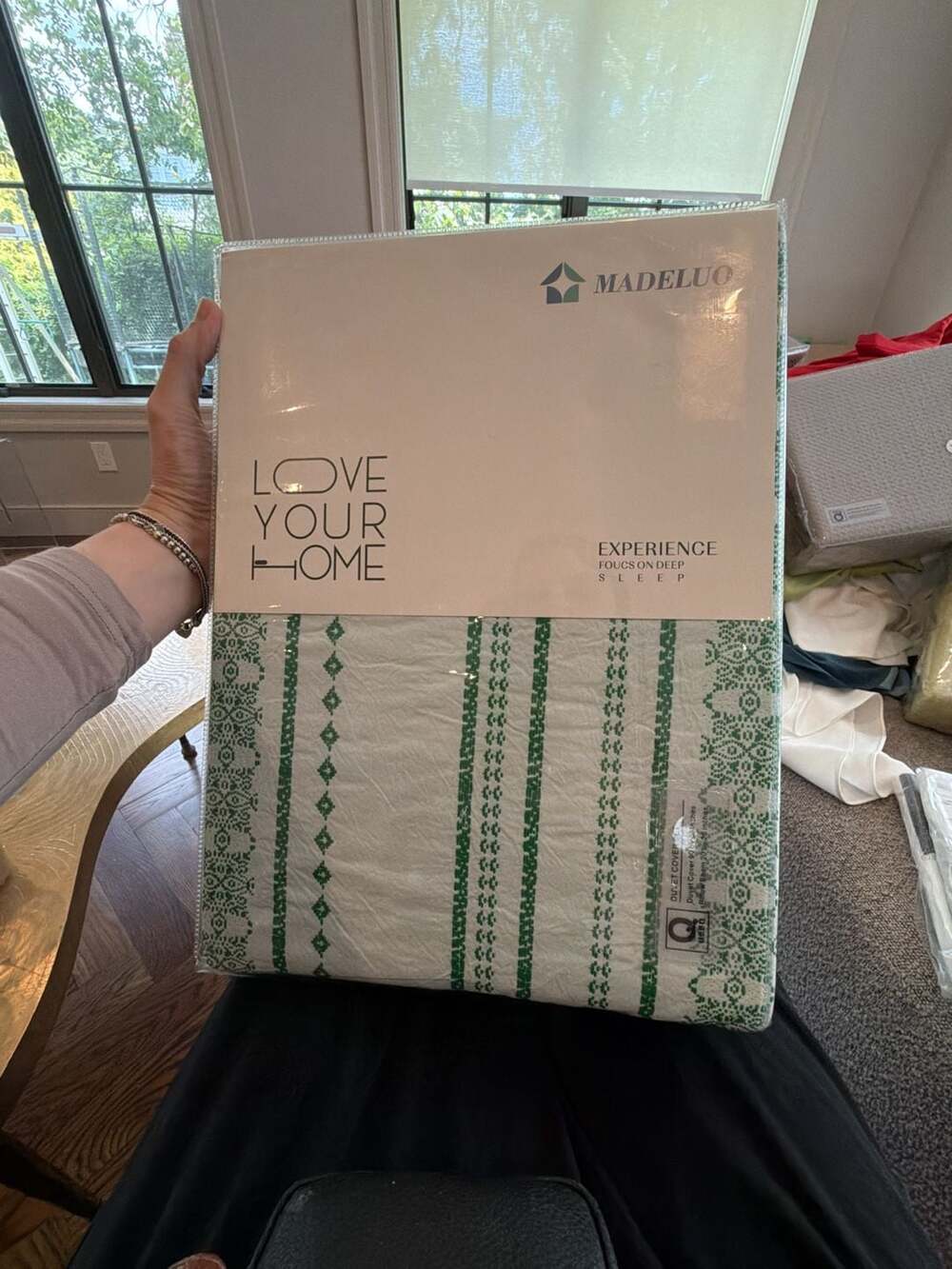 Madeluo Green on Green geometric Striped Pattern Duvet Cover Set Queen New